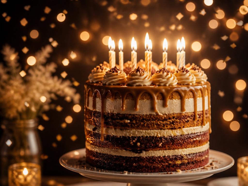 Layered birthday cake with lit candles glowing in warm candlelight