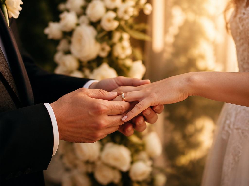 Couple exchanging gold wedding rings at a floral altar at golden hour