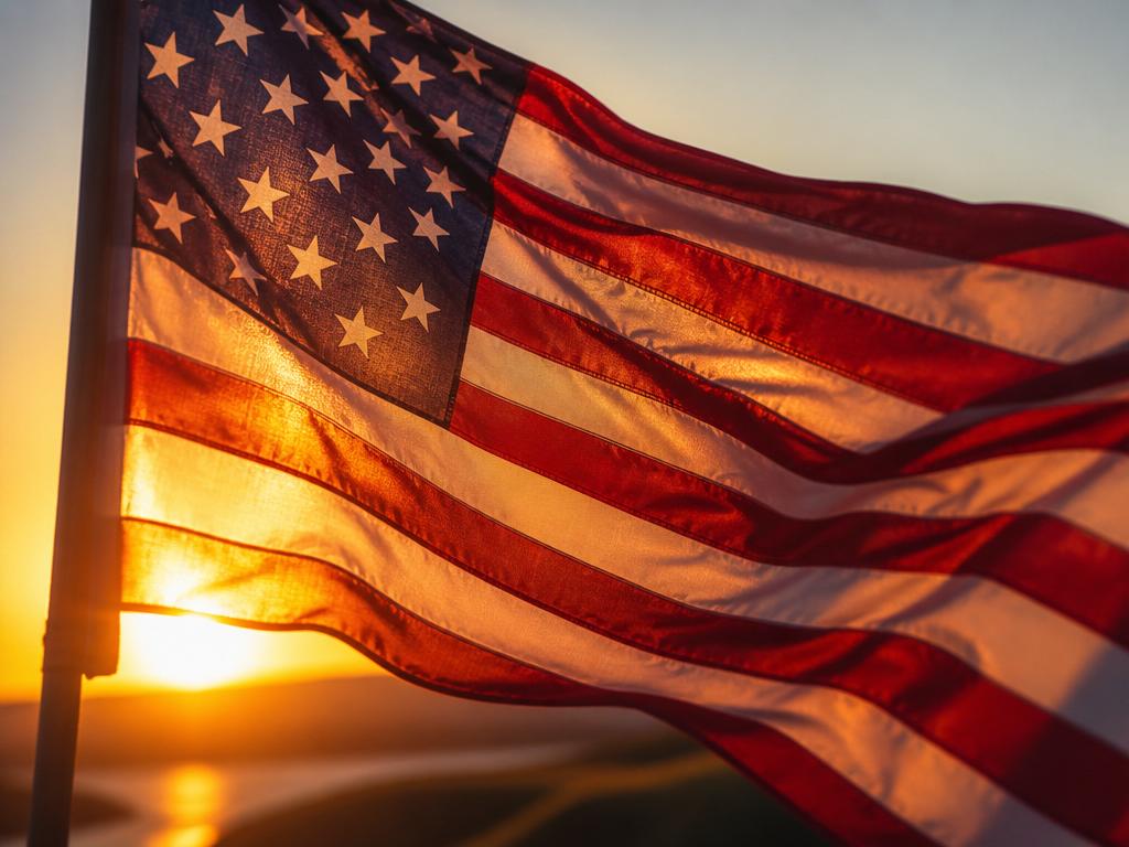American flag catching wind at golden hour