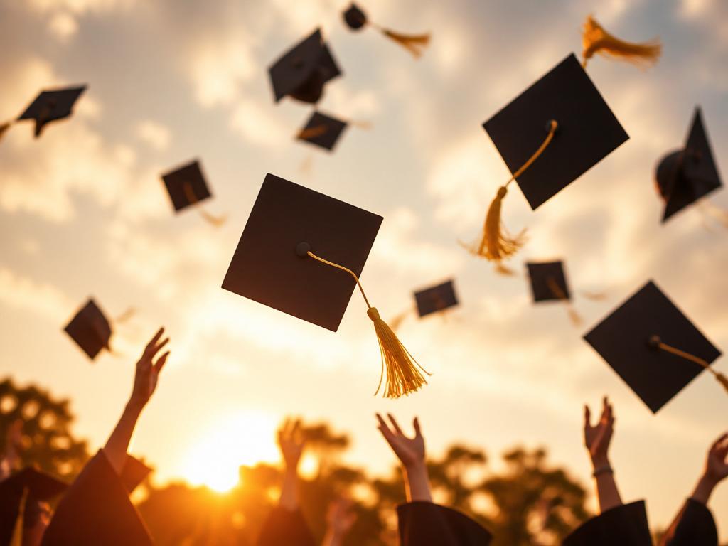 Graduation caps tossed against a golden hour sky