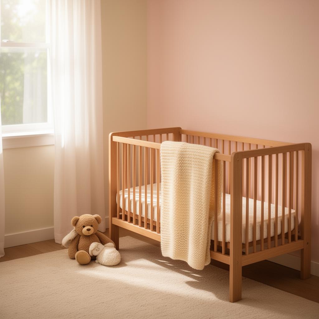 An empty wooden crib with a soft cream knit blanket and a teddy bear in a sunlit nursery