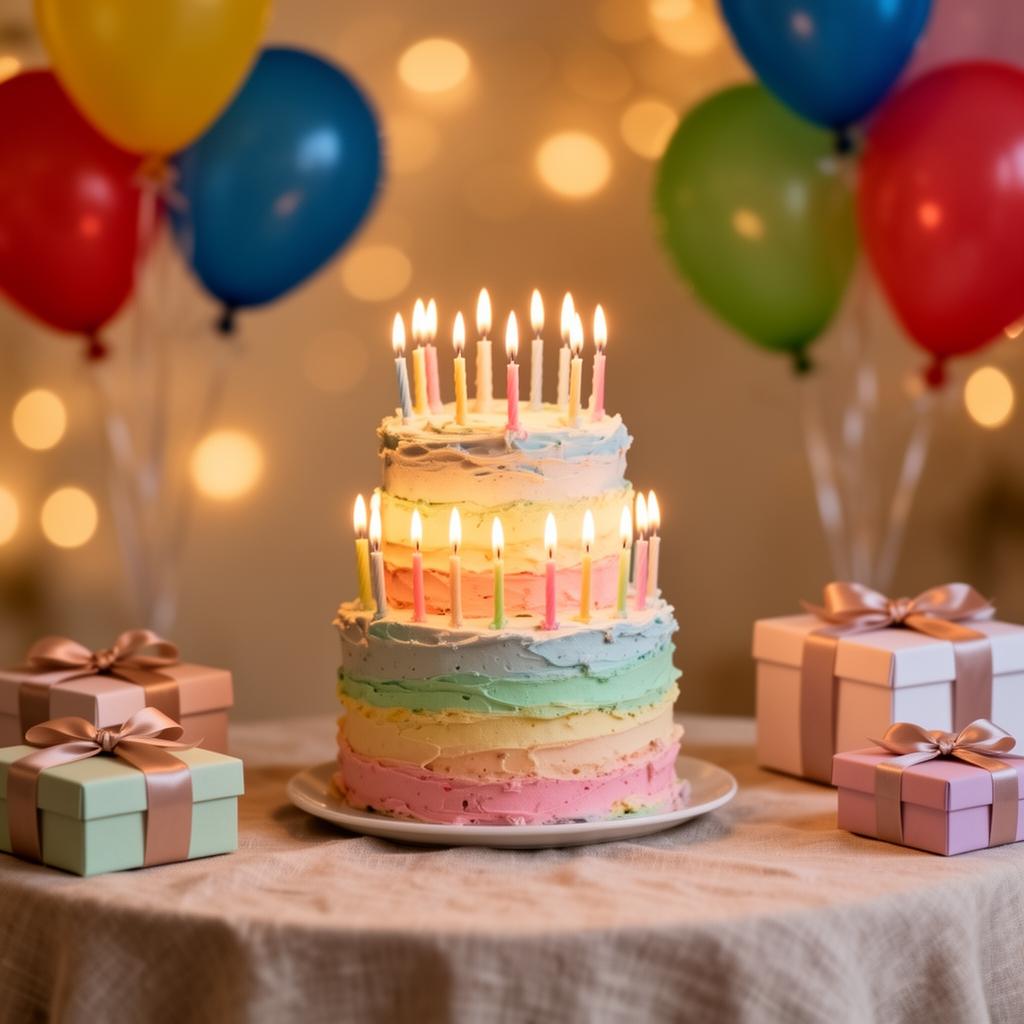 A tall layered birthday cake with lit candles, balloons, and wrapped gifts on a linen-covered table