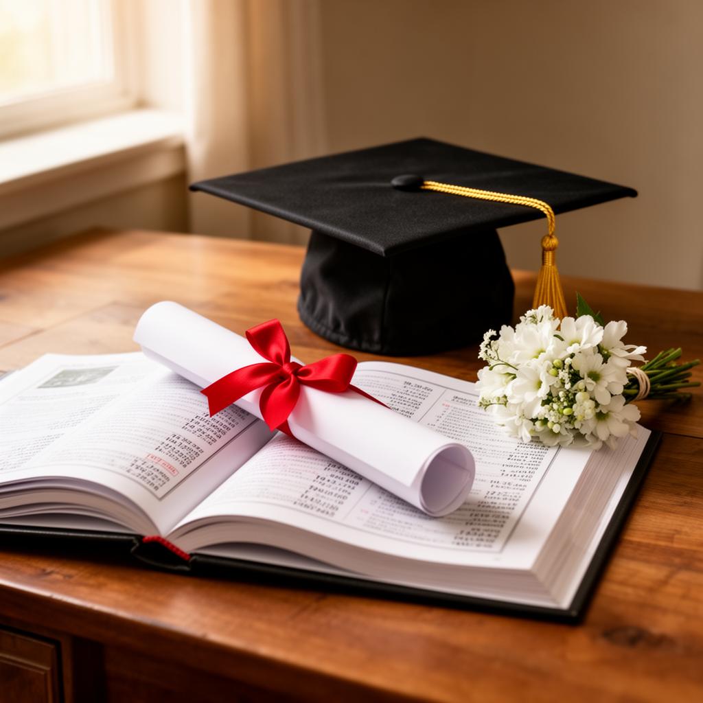 A graduation cap with gold tassel, a rolled diploma tied with red ribbon, and an open yearbook on a wooden desk