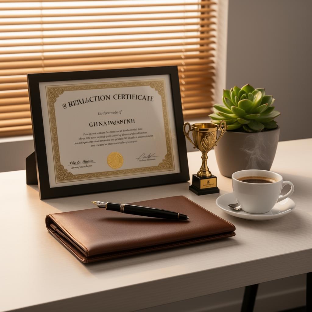 An elegant office desk with a framed promotion certificate, fountain pen, brass trophy, and coffee in warm window light