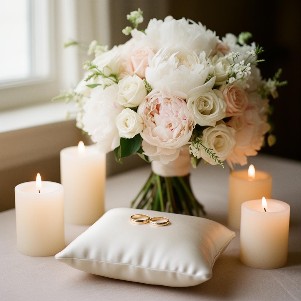 A white-and-blush wedding bouquet beside two gold rings on an ivory satin pillow with lit candles in soft window light
