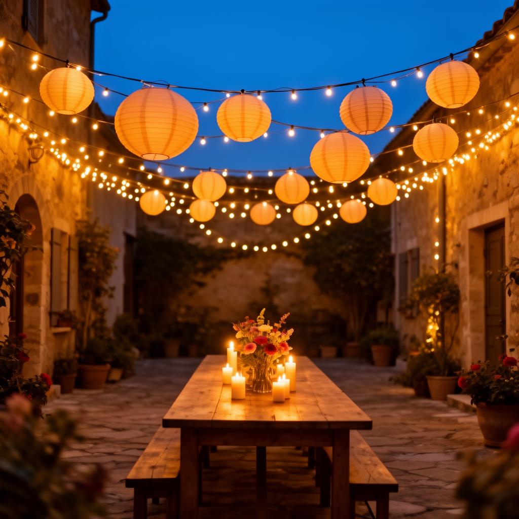 A festive courtyard at twilight strung with glowing paper lanterns and warm fairy lights above an empty set table