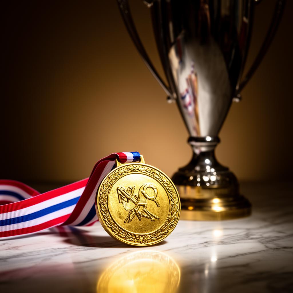 A gold medal on a red-white-and-blue ribbon resting on polished marble beside a silver trophy cup