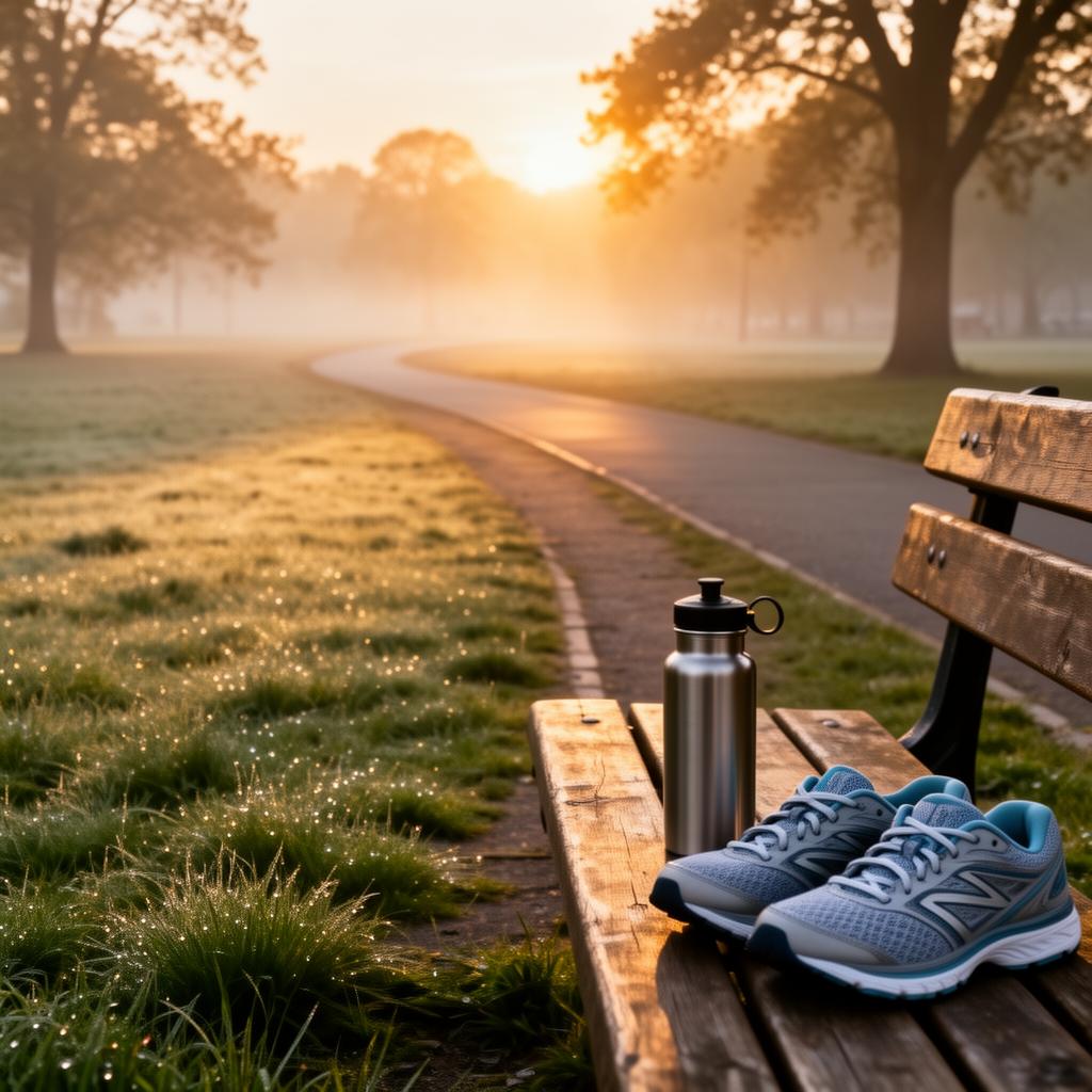 A sunrise park path with a wooden bench, water bottle, and running shoes resting beside it in golden morning mist
