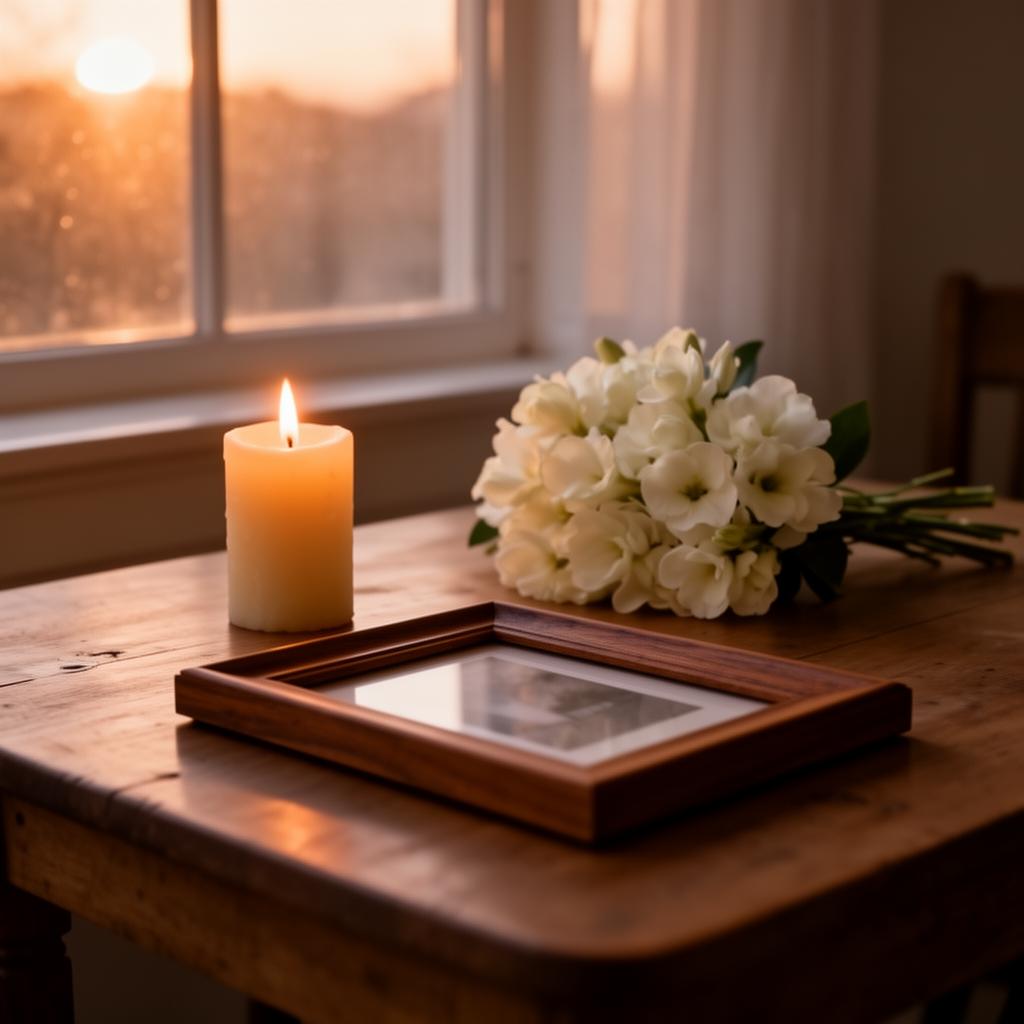 A lit pillar candle, soft white flowers, and a wooden picture frame on a table by a sunlit window at dusk