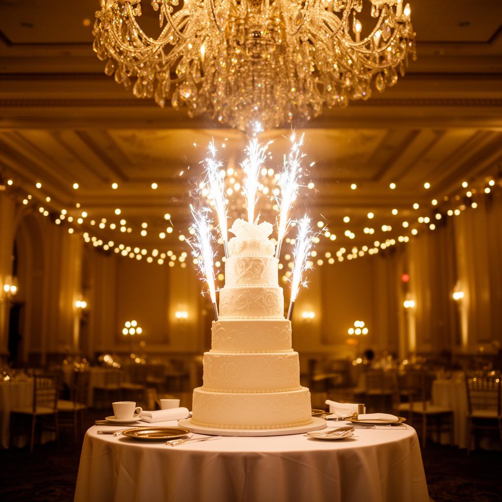 A tall multi-tiered celebration cake with glowing sparklers on a draped table beneath a sparkling chandelier in a grand ballroom